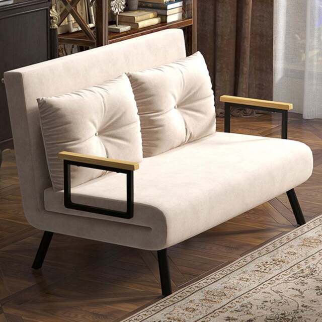 HOMCOM 2 Seater Beige Velvet Feel Fabric Convertible Sofa Bed - Yellow - Wilko - image 1