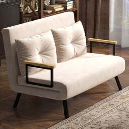 HOMCOM 2 Seater Beige Velvet Feel Fabric Convertible Sofa Bed - Yellow - Wilko - thumbnail 1