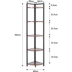 H&O Direct 5 Shelf Corner Bookcase - Size: 150 x 30 x 30cm - Brown - Wilko - thumbnail 5