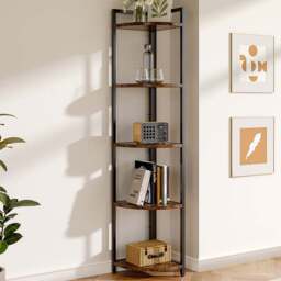 H&O Direct 5 Shelf Corner Bookcase - Size: 150 x 30 x 30cm - Brown - Wilko - thumbnail 1
