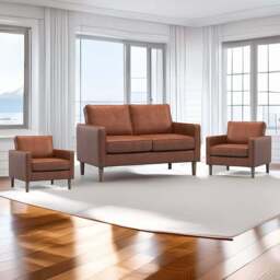 Bexhill 4 Seater Tan Faux Leather Sofa Suite - Brown - Wilko - thumbnail 1