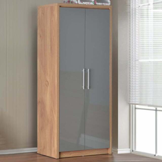 Seconique Seville 2 Door Grey Gloss Light Oak Veneer Wardrobe - Wilko - image 1