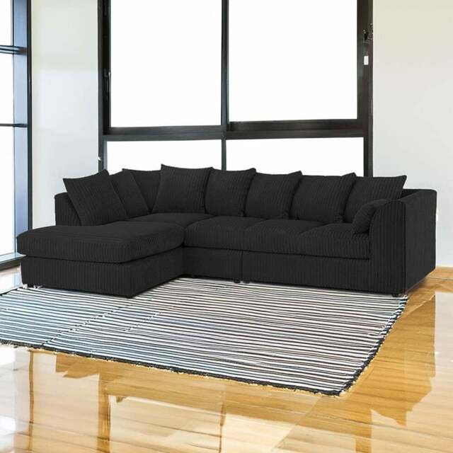 Luxor 4 Seater Black Jumbo Cord Left Hand Facing Scatter Back L Shaped Corner Sofa Set - Wilko - image 1
