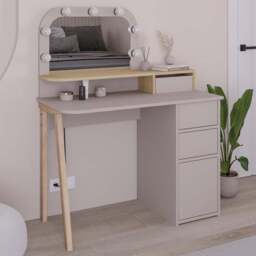 Decortie Avien 3 Drawer Single Door Mocha Grey and Oak Makeup Vanity Table with LED Mirror - Size: 131 x 105 x 51.5cm - Multi - Wilko