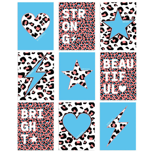 Wee Blue Coo Blue Pink Leopard Pattern Heart Lightning Star Wall Art Print 30 x 41cm 9 Pack - Size: 40.5 x 30.5 x 0.3cm - Multi - Wilko - image 1