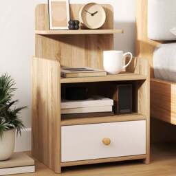 Portland Single Drawer 3 Shelf Natural Wood Effect Bedside Table - Brown - Wilko