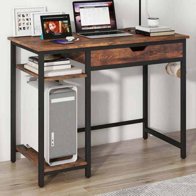 Costway Single Drawer 2 Shelf Industrial Home Office Desk Rustic Brown - Size: 113 x 61 x 18cm - Wilko