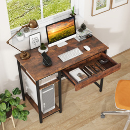Costway Single Drawer 2 Shelf Industrial Home Office Desk Rustic Brown - Size: 113 x 61 x 18cm - Wilko - thumbnail 4