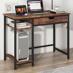 Costway Single Drawer 2 Shelf Industrial Home Office Desk Rustic Brown - Size: 113 x 61 x 18cm - Wilko - thumbnail 1