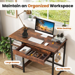 Costway Single Drawer 2 Shelf Industrial Home Office Desk Rustic Brown - Size: 113 x 61 x 18cm - Wilko - thumbnail 7