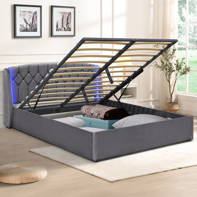 Comfy Living Double Grey Fabric Gaslift Bed Frame with LED Headboard - Wilko - image 1