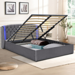 Comfy Living Double Grey Fabric Gaslift Bed Frame with LED Headboard - Wilko - thumbnail 1