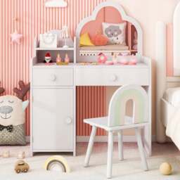 Costway 2 Drawer Single Door White Kids Vanity Set with Cloud-shaped Mirror - Size: 80 x 40 x 98cm - Wilko
