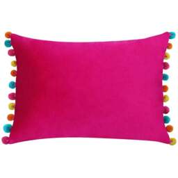 Paoletti Fiesta Hot Pink Multicolour Pom Pom Velvet Cushion - Size: 50 x 35 cm - Wilko