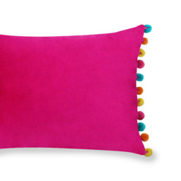 Paoletti Fiesta Hot Pink Multicolour Pom Pom Velvet Cushion - Size: 50 x 35 cm - Wilko - thumbnail 4