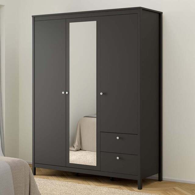 Florence Madrid 3 Door 2 Drawer Matt Black Wardrobe with Mirror Door - Size: 3 Door, 2 Drawer - Wilko - image 1