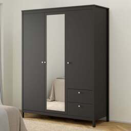 Florence Madrid 3 Door 2 Drawer Matt Black Wardrobe with Mirror Door - Size: 3 Door, 2 Drawer - Wilko - thumbnail 1