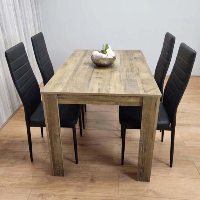 Kosy Koala 4 Seater Wood and Faux Leather Dining Set Rustic Effect and Black - Multi - Portland - Wilko - image 1