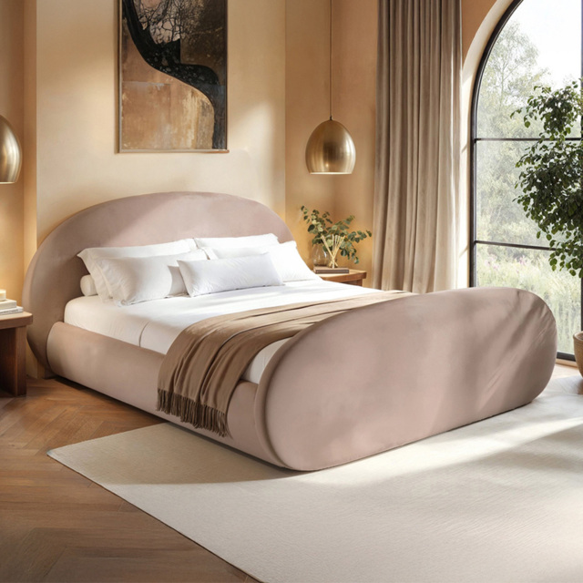 Flair Amos Double Beige Velvet Sidelift Oval Ottoman Bed - Cream - Wilko - image 1