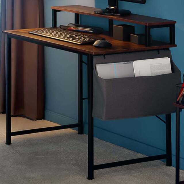 tectake Single Shelf Dark Rustic Wooden Desk with Fabric Bag - Size: 90 x 120 x 60cm - Brown - Wilko - image 1
