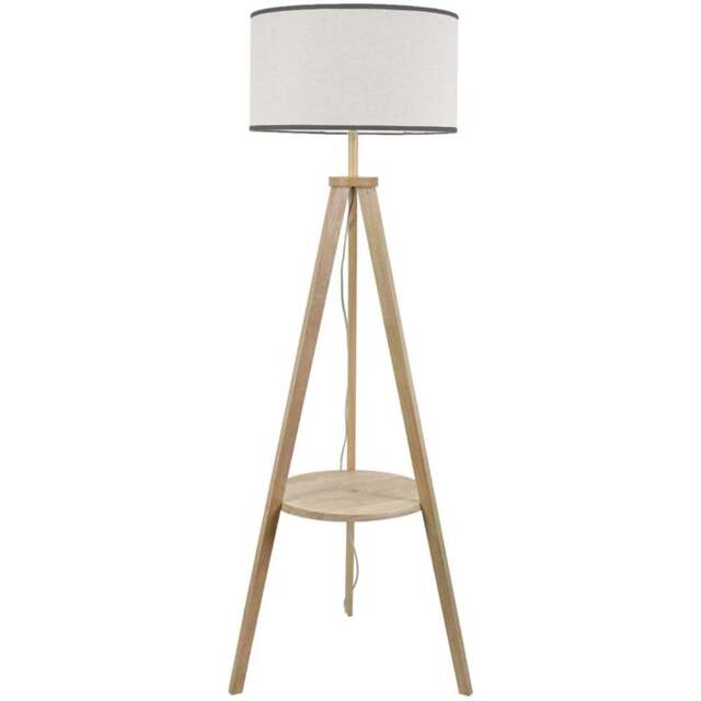 ValueLights Morrigan Natural Wood Shelf Black Trim Shade Tripod Floor Lamp with Bulb - Cream - Wilko - image 1