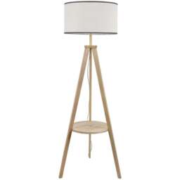 ValueLights Morrigan Natural Wood Shelf Black Trim Shade Tripod Floor Lamp with Bulb - Cream - Wilko