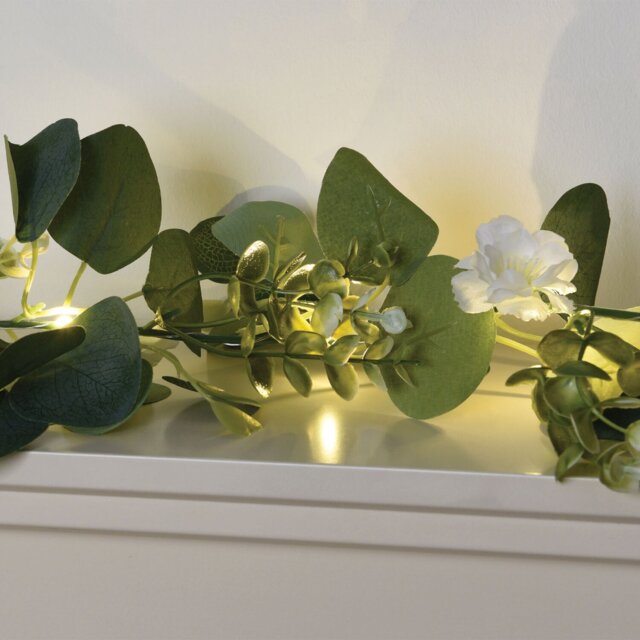 20 LED Floral Garland - White and Green - Wilko - image 1