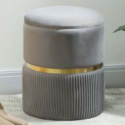 Portland Light Grey Velvet Round Pouffe Footstool with Storage - Size: 46 x 37 x 37cm - Wilko