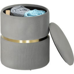 Portland Light Grey Velvet Round Pouffe Footstool with Storage - Size: 46 x 37 x 37cm - Wilko - thumbnail 3