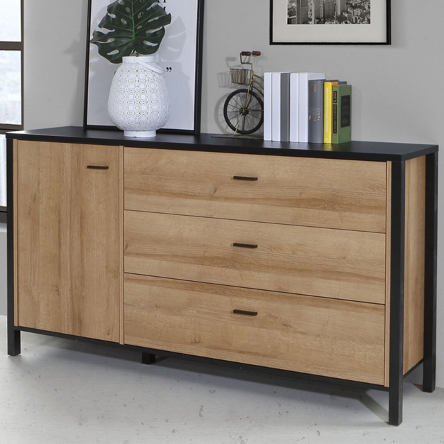Florence High Rock Single Door 3 Drawer Matt Black and Riviera Oak Sideboard - Size: 40 x 151 x 85cm - Furniture to Go - Wilko - image 1