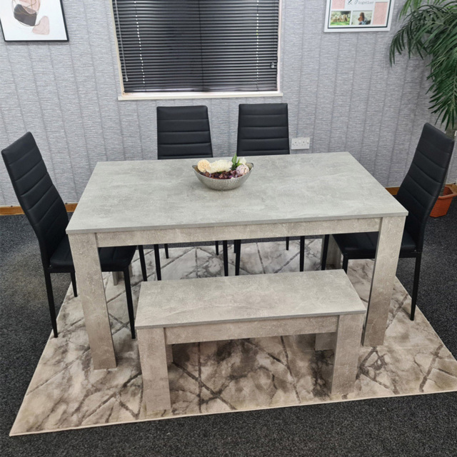 Kosy Koala 6 Seater Glass and Faux Leather Dining Bench Set Stone Grey Effect and Black - Portland - Wilko - image 1