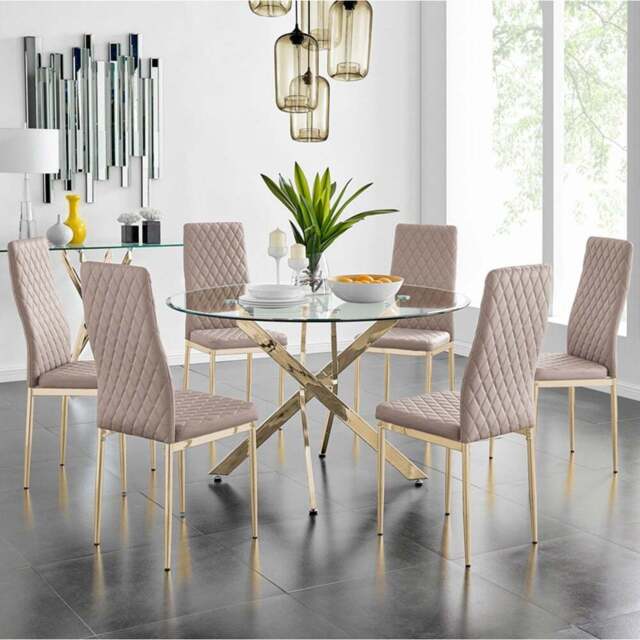 Furniturebox Arona Valera 6 Seater Dining Set Cappuccino and Gold - Brown - Wilko - image 1