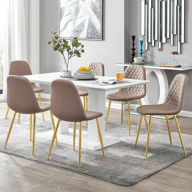Furniturebox Molini Solara 6 Seater Dining Set White Gloss Cappuccino and Gold - Brown - Wilko - image 1
