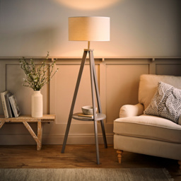ValueLights Morrigan Grey Wood Shelf White Trim Shade Tripod Floor Lamp with Bulb - Wilko - thumbnail 7