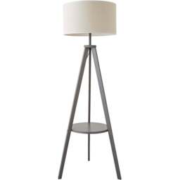 ValueLights Morrigan Grey Wood Shelf White Trim Shade Tripod Floor Lamp with Bulb - Wilko