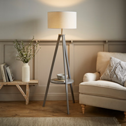 ValueLights Morrigan Grey Wood Shelf White Trim Shade Tripod Floor Lamp with Bulb - Wilko - thumbnail 3