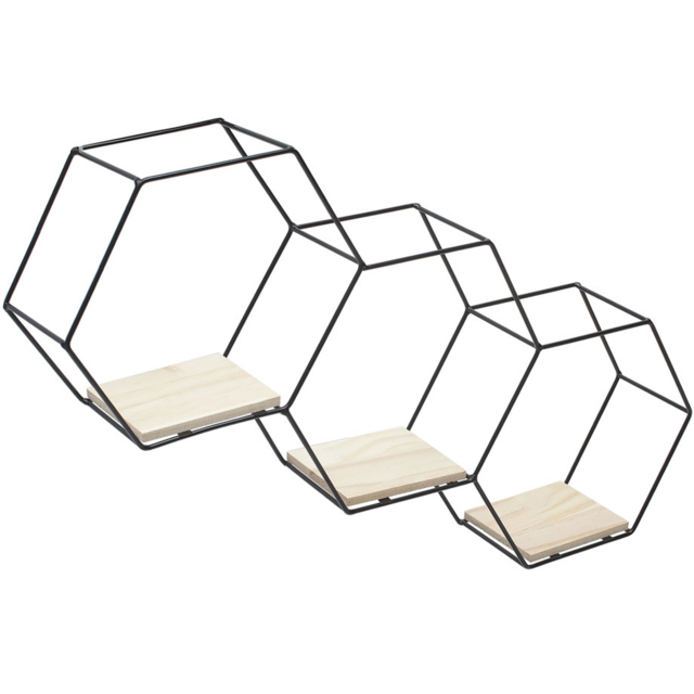 Living and Home 3 Compartment Hexagon Wall Shelf with Iron Frame - Size: 59.5 x 9.5 x 40.5cm - Black - Wilko - image 1