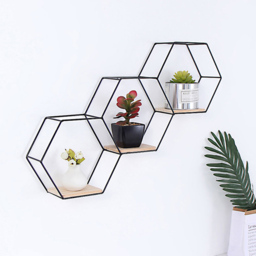 Living and Home 3 Compartment Hexagon Wall Shelf with Iron Frame - Size: 59.5 x 9.5 x 40.5cm - Black - Wilko - thumbnail 3