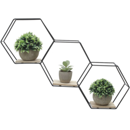Living and Home 3 Compartment Hexagon Wall Shelf with Iron Frame - Size: 59.5 x 9.5 x 40.5cm - Black - Wilko - thumbnail 5