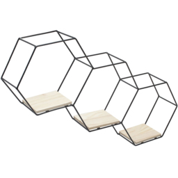 Living and Home 3 Compartment Hexagon Wall Shelf with Iron Frame - Size: 59.5 x 9.5 x 40.5cm - Black - Wilko