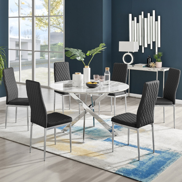 Furniturebox Arona Valera Marble Effect 6 Seater Round Dining Set White Black and Chrome - Wilko - image 1