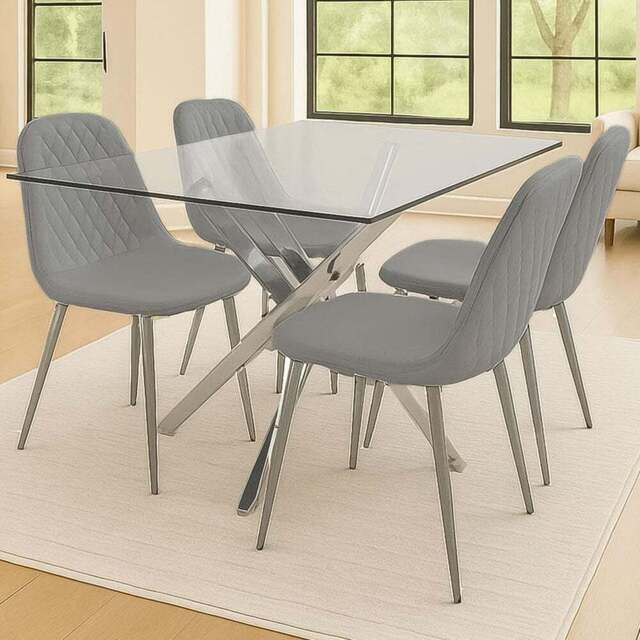 Kosy Koala 4 Seater Glass and Leather Rectangle Dining Table Set Chrome and Grey - Clear - Wilko - image 1