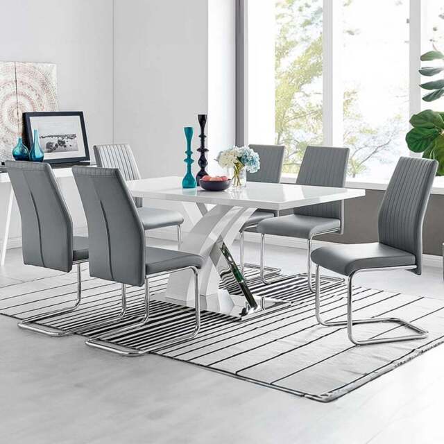 Furniturebox Columbia Fontana 6 Seater Dining Set White Gloss Elephant Grey and Chrome - Wilko - image 1