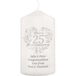 Personalised Memento Personalised 25th Silver Wedding Anniversary Pillar Candle - Size: 0.7 x 1.3 x 0.7cm - White - Wilko