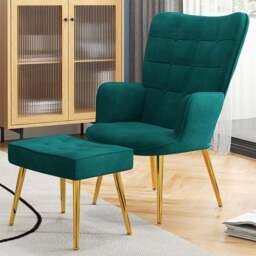 HOMCOM Dark Green Velvet Upholstered Accent Chair with Footstool - Size: Single - Wilko - thumbnail 1
