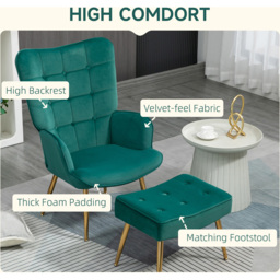 HOMCOM Dark Green Velvet Upholstered Accent Chair with Footstool - Size: Single - Wilko - thumbnail 7
