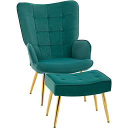 HOMCOM Dark Green Velvet Upholstered Accent Chair with Footstool - Size: Single - Wilko - thumbnail 3