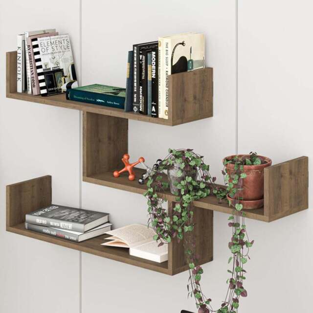 Decortie Tibet 3 Shelf Dark Oak Effect Zigzag Wall Mounted Bookcase - Brown - Wilko - image 1