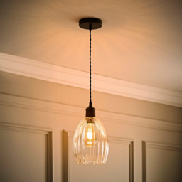 ValueLights Cheltenham Ribbed Shade Matte Black Ceiling Pendant Light with Bulb - Size: 132.5 x 17 x 17cm - Wilko - thumbnail 3