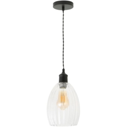 ValueLights Cheltenham Ribbed Shade Matte Black Ceiling Pendant Light with Bulb - Size: 132.5 x 17 x 17cm - Wilko